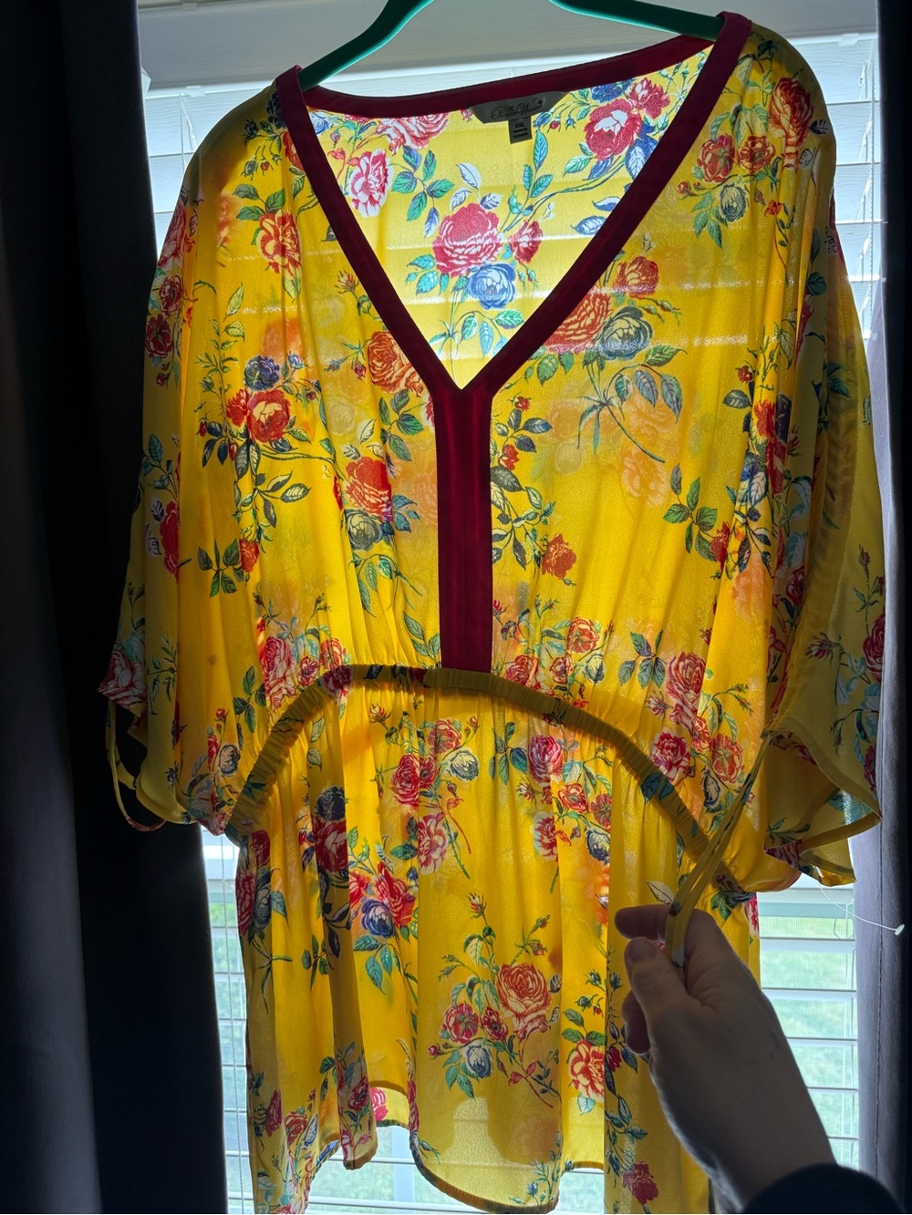 Yellow Floral Boho Tunic with Burgundy Trim by Pioneer Woman